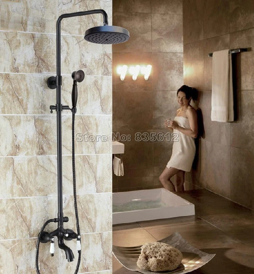 

Bathroom Wall Mounted Black Oil Rubbed Bronze Rain Shower Faucet Set with Dual Ceramic Handles Bathtub Mixer Taps Wrs401