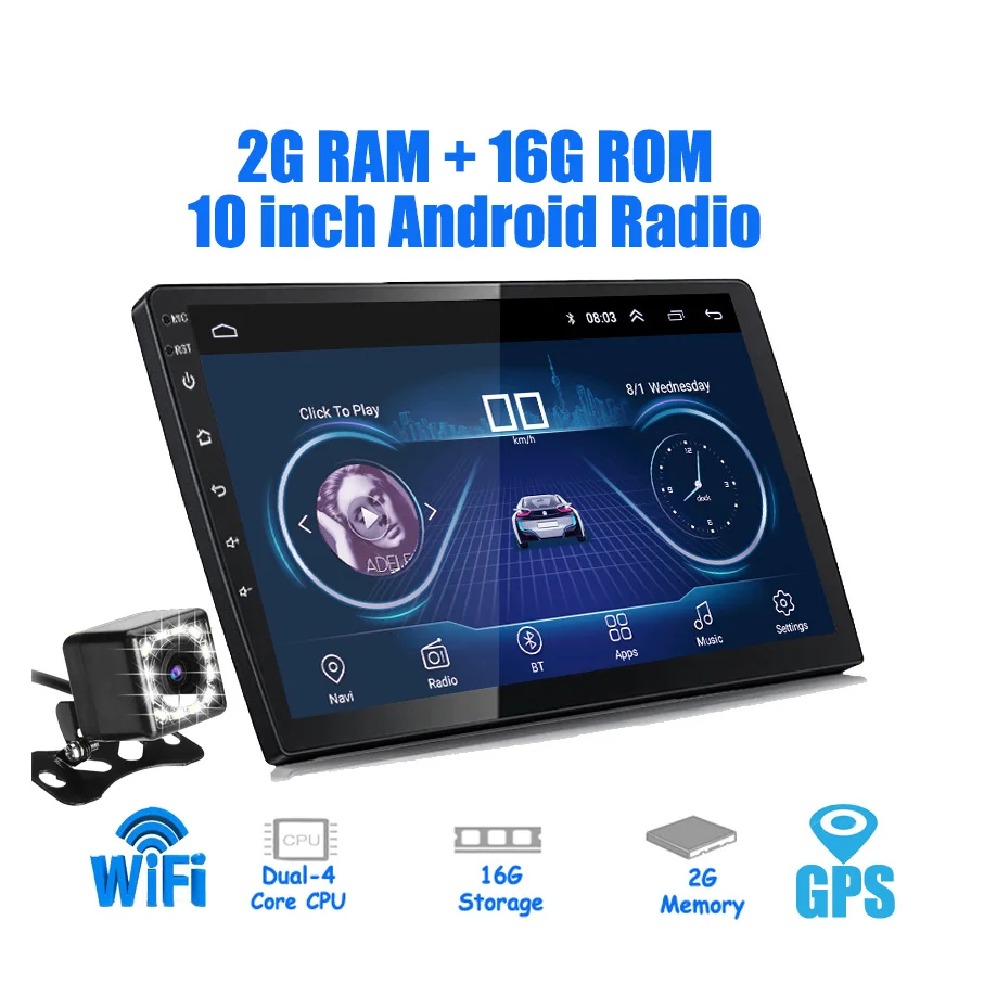 9/10 дюймов Android 8,1 Универсальный Автомобильный плеер 2 din 2G ram+ 16G rom android Автомобильная Радио gps навигация wifi Bluetooth MP5 задняя камера - Цвет: 10 inch with 12 led