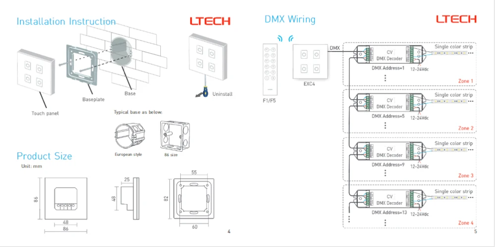 LTECH 110 V-220 V AC EXC4 настенное крепление DMX 2 4 GHZ RF затемнение панель зоны для