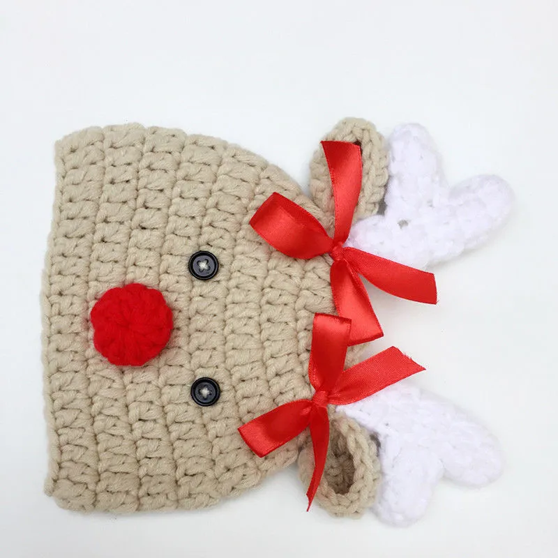 Christmas Newborn Infant Baby Boy Girl Hats Cartoon Crochet Knitted Bowknot Deer Cap Photography Props 0-4M | Детская одежда и