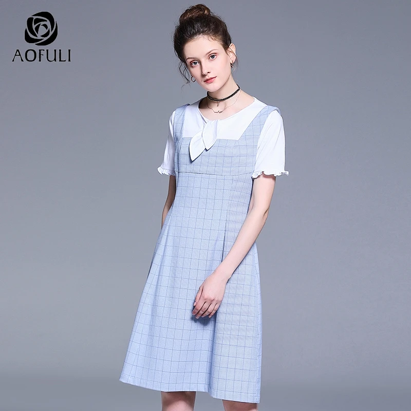 AOFULI L ~ 4XL 5XL женский клетчатый сарафан с принтом милые летние платья в клетку