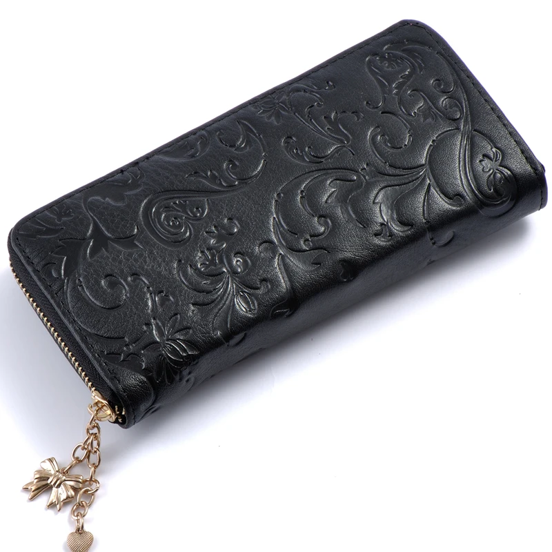 

Womens Morning glory Embossed Real Genuine Leather Zipper Long Wallet Clutches Female Lady Coin Purse Card Holder Phone bags