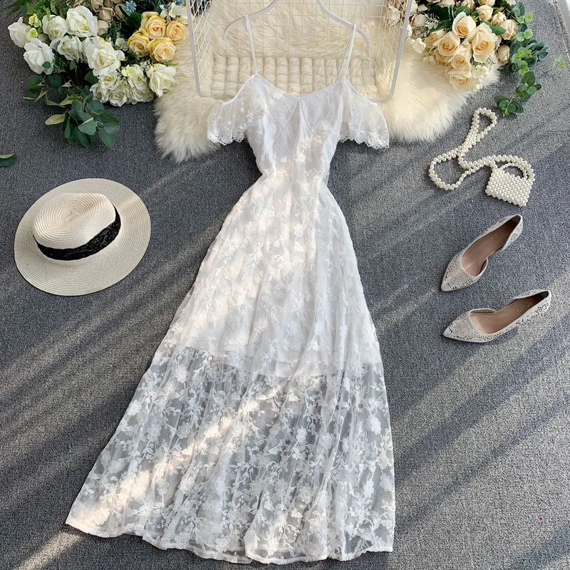 2019 новые модные женские платья белое Сетчатое вышитое сексуальное платье без