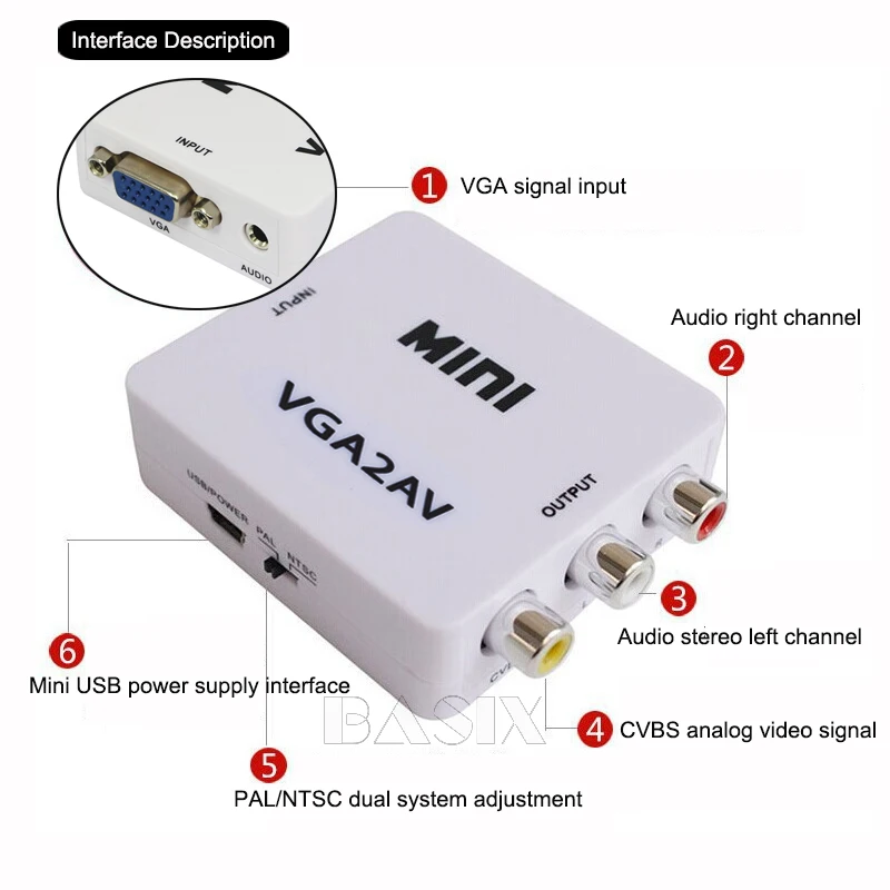 Преобразователь Basix 1080P VGA AV RCA с 3 5 мм аудио VGA2AV/CVBS адаптер для ПК к HD TV