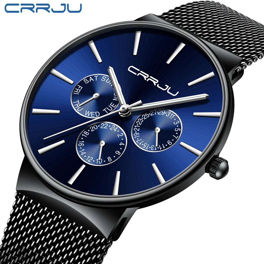 

CRRJU Hot Stainless Steel Mesh Strap Watches Mens Quartz Business Wristwatches 24 Hours and Calendar Clock Male 2019 Relojes