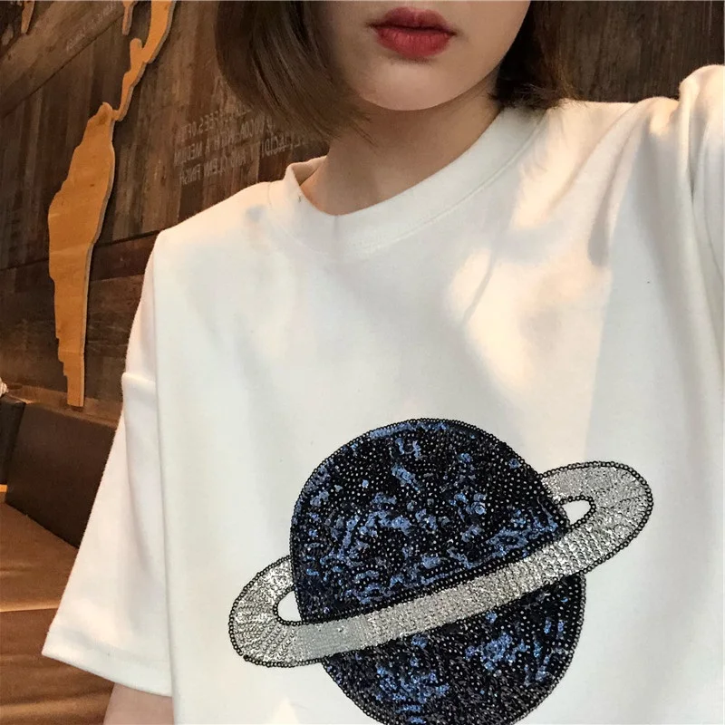 Женские футболки с блёстками Harajuku ulzzang корейские свободные коротким рукавом и