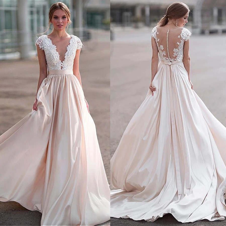 

Великолепное свадебное платье трапециевидной формы с глубоким v-образным вырезом и кружевной аппликацией, 3D цветочной аппликацией, бисером...