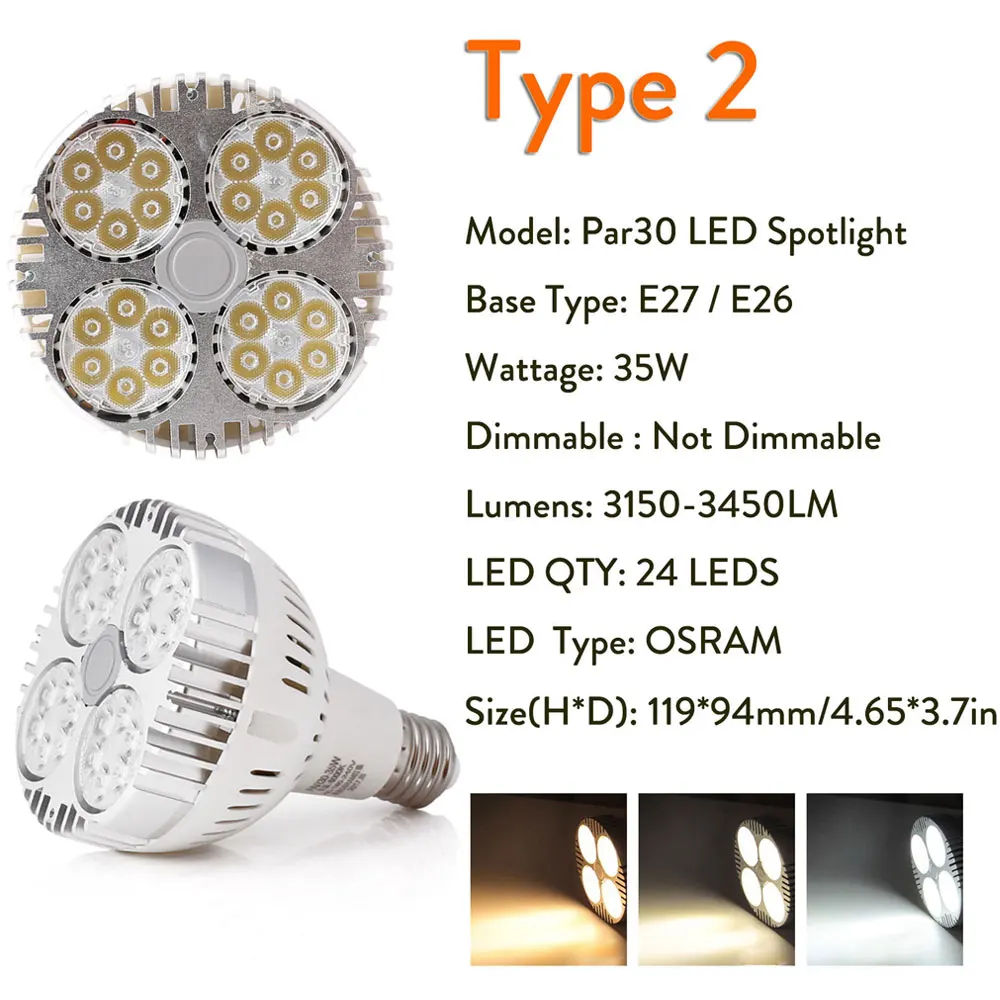 Type 2 110V-265V 35W PAR30 лампа 35 Вт 45 Вт трековые прожекторы световые лампы E27 COB светодиодный теплый/холодный/натуральный белый точечные лампы для кухни магазин одежды - Испускаемый цвет: Type 2 110V-265V 35W