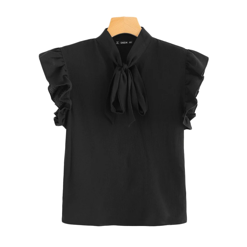 SHEIN горчичная элегантная Офисная Женская блузка с оборками на плечах и завязками на шее с цветочным принтом, летняя женская шифоновая блузка и блузки