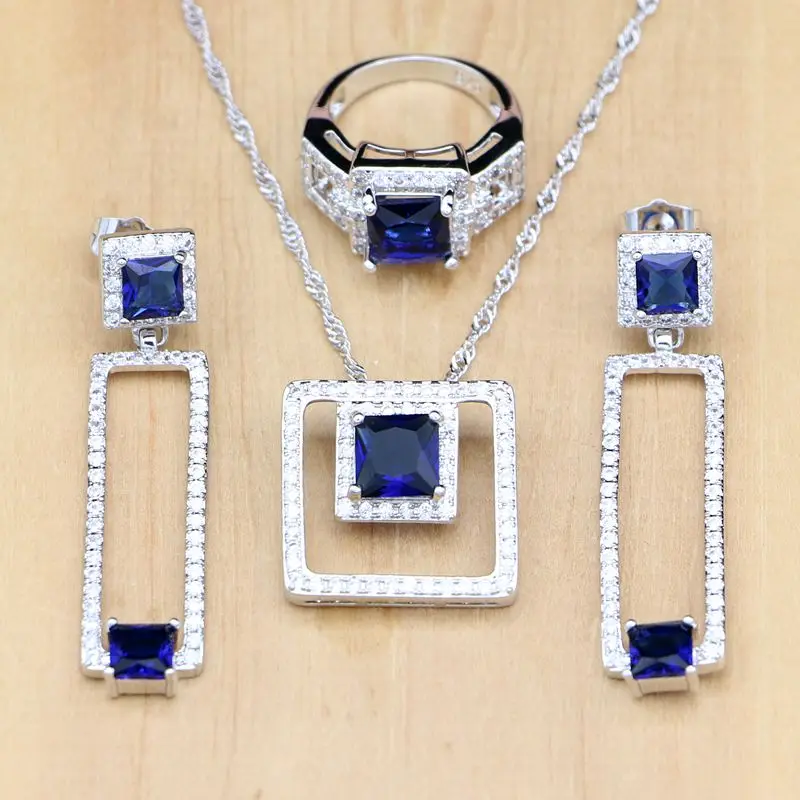 Набор украшений из Квадратного камня голубой циркон белый бисер серебро 925 пробы