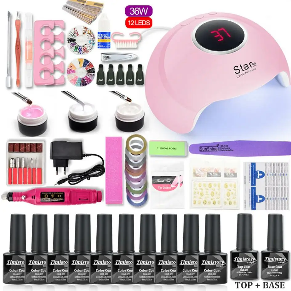 36W UV 10pcs SET Набор для ногтей гель-набор для маникюра 48 Вт/54 Вт сушилка с УФ-лампой маникюрный набор 10 шт. Гель-лак для ногтей отмачиваемый маникюрный набор для маникюрных инструментов - Цвет: 36W UV 10pcs SET