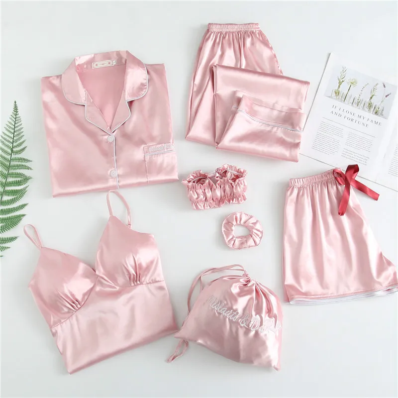 PINK Женские пижамные комплекты из 7 предметов, пижамы из искусственного шелка, женские пижамы, комплекты для сна, летняя Домашняя одежда без рукавов, ночная рубашка - Цвет: PINK