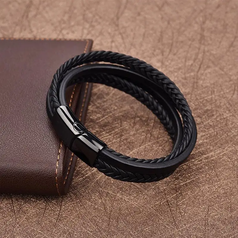 Jiayiqi Панк Черный Браслет из натуральной кожи плетеная веревка цепь нержавеющая сталь браслет Магнитная застежка мужские ювелирные изделия Винтаж подарок