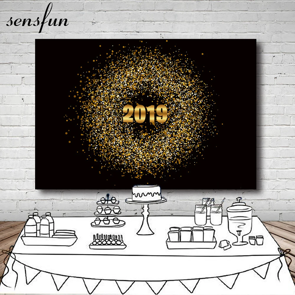 Sensfun Happy Новый Год Вечерние фон черный тема с золотым блеском круглый 2019 День