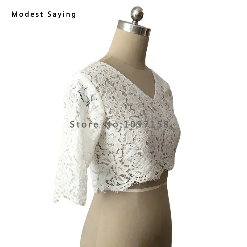 

Real Elegant V Neck Ivory Half Sleeve Lace Wedding Boleros 2017 bruids jas Women Bridal Shawls Jackets Wedding Accessories LB6