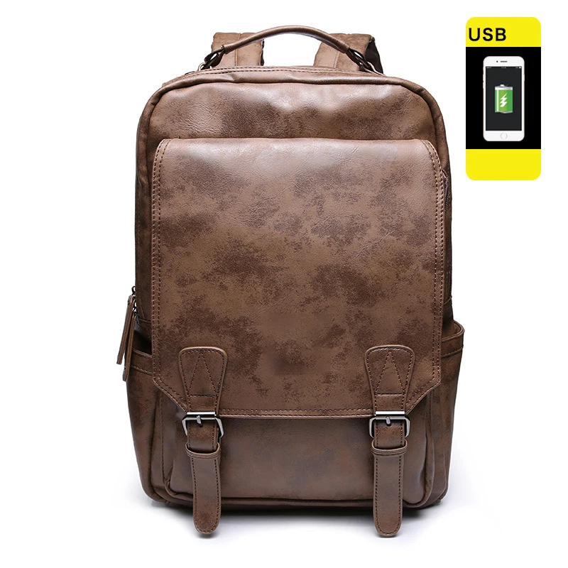 Brown USB Мужской рюкзак Mochila для компьютера, модный кожаный рюкзак для женщин и мужчин, высококачественный походный рюкзак для ноутбука, водонепроницаемый для школы для подростка, сумка - Цвет: Brown USB