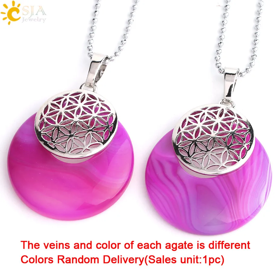 Rose Red Veins Agate CSJA натуральный камень кулон цветок жизни ожерелье рейки амулеты выдалбливают круг Подвески подходят для женщин мужчин Шарм ювелирные изделия G052 - Окраска металла: Rose Red Veins Agate