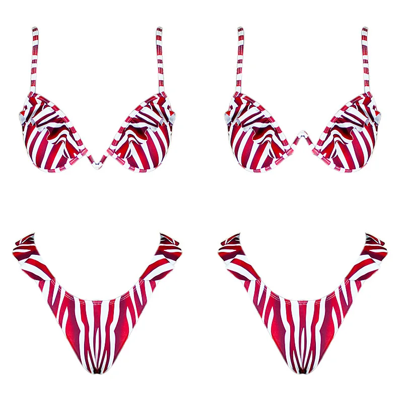 V-neck Ruffled Brazilian Bikini Sexy Swimsuit Swimwear Women Dots Striped Swimsuit Bikini Set Female Summer Beach Party New