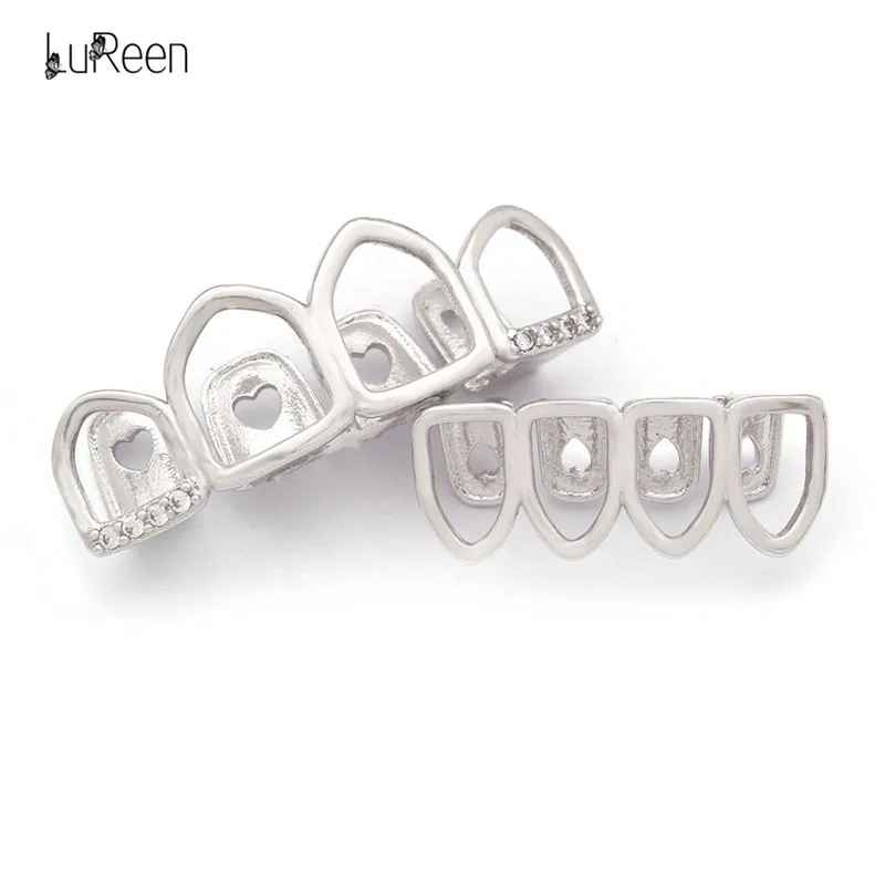 

LuReen Luxury Hollow Open Gold Grillz Teeth Top Bottom CZ Crystal Dental Grills Tooth Caps Halloween Cosplay Party Jewelry