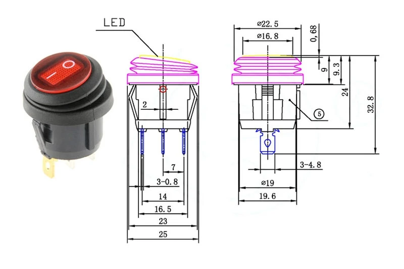 KCD1-101 Водонепроницаемый морской светодиодный кулисный переключатель 12V 24V 220V Светодиодный светильник на включение/выключение светильник ing 6A250VAC круглый тумблер