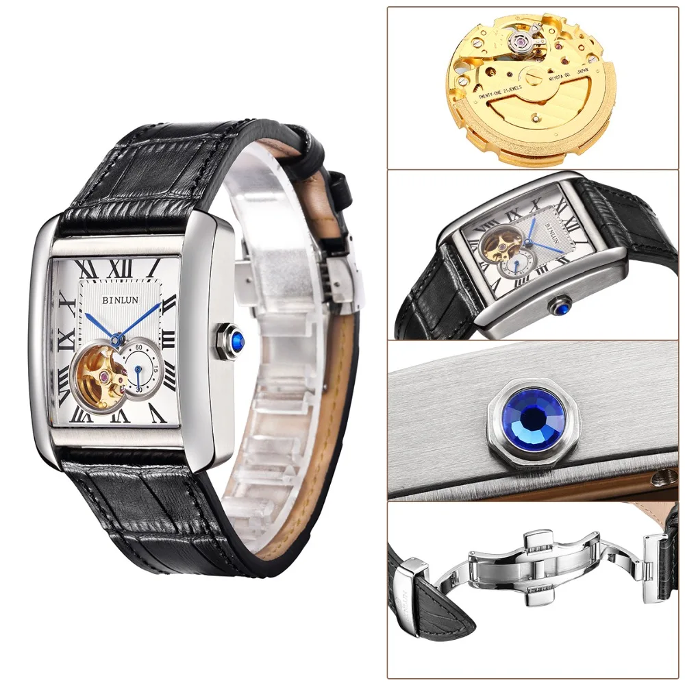 BINLUN классические прямоугольные Мужские автоматические часы Tourbillon механические часы Роскошные мужские часы со скелетом часы из натуральной кожи