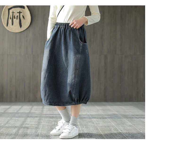 Spring Autumn Skirt Fashion Women Large size Denim skirt New Ladies Elastic Waist pocket Bleached Mori girl Casual Loose skirt