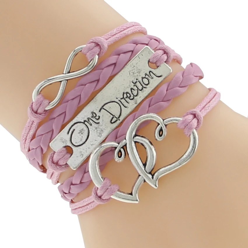 Модные кожаные браслеты в одном направлении с боковым сердцем бесконечность