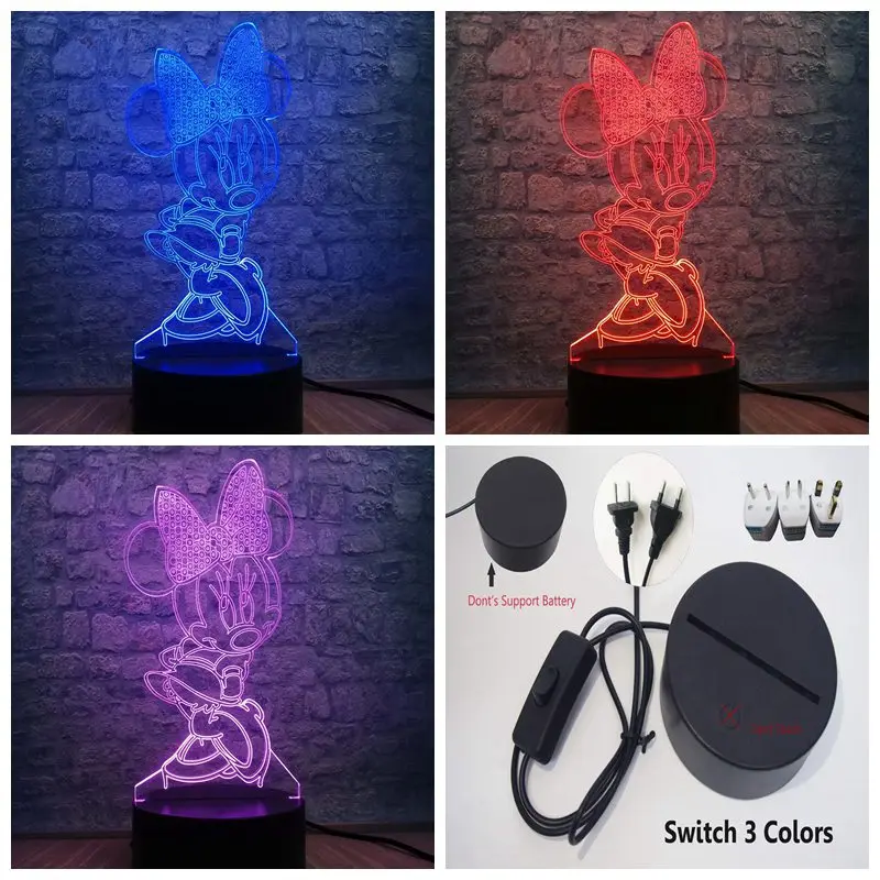 Switch 3 Color Only 3D светодиодный светильник для спальни с изображением Минни Микки, настольный ночник, 7 цветов, лампа для украшения детской спальни, подарок для детей, Прямая поставка - Испускаемый цвет: Switch 3 Color Only
