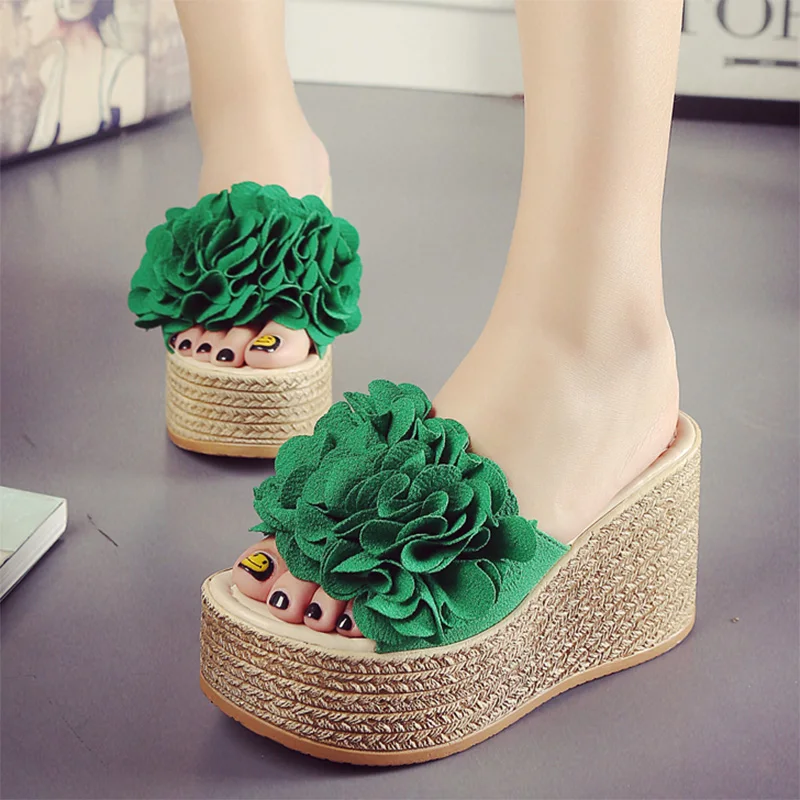 Летние женские шлепанцы на танкетке платформе с цветочным принтом 6399|Тапочки| |
