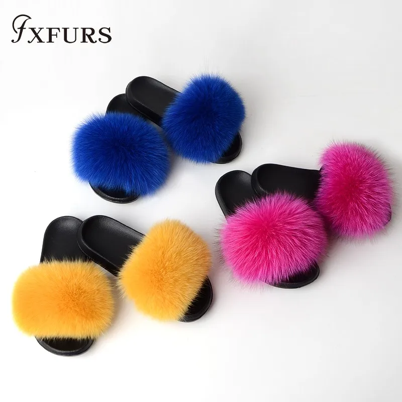 FXFURS/ г.; модные женские шлепанцы с лисьим мехом; сезон лето; пушистый мех; шлепанцы; пляжные скандалы; уличная ярмарка; шлепанцы; модная плюшевая обувь