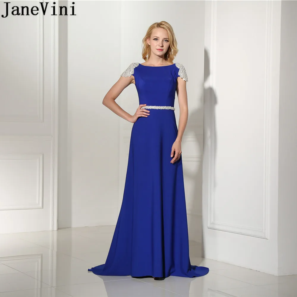 

JaneVini Chic A Line Satin Royal Blue Prom Dress Scoop Neck Luxury Beading Backless Sexy Long Evening Dresses Vestidos De Gala