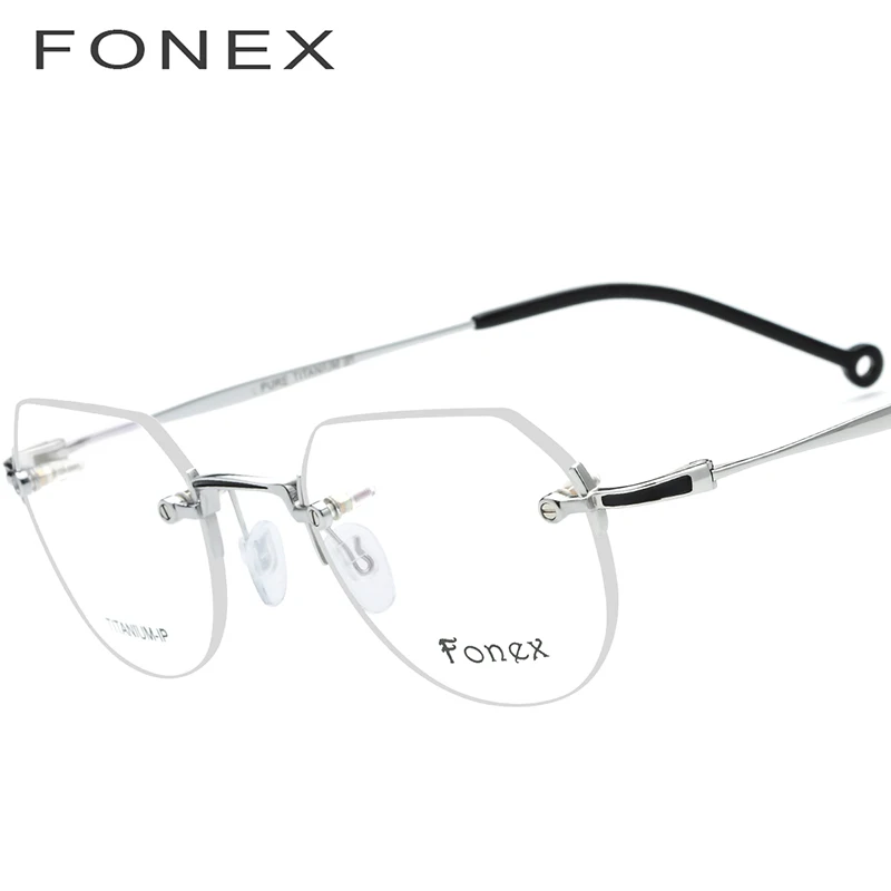 FONEX из чистого титана без оправы очки для мужчин по рецепту сверхлегкие полигоновые очки оправа для женщин Близорукость Оптические очки 9142 - Цвет оправы: Серебристый
