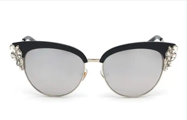 silver lens Peekaboo, Летний стиль, кошачий глаз, солнцезащитные очки, женские очки, полуоправы, роскошные стразы, солнцезащитные очки, кошачий глаз, зеркальные - Цвет линз: silver lens