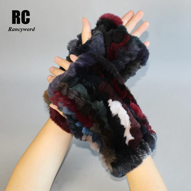 

[Rancyword] Women Gloves Winter Knit Real Rex Rabbit Fur Gloves Leather Girl Elastic Soft Warm Fingerless Gloves Women RC1387