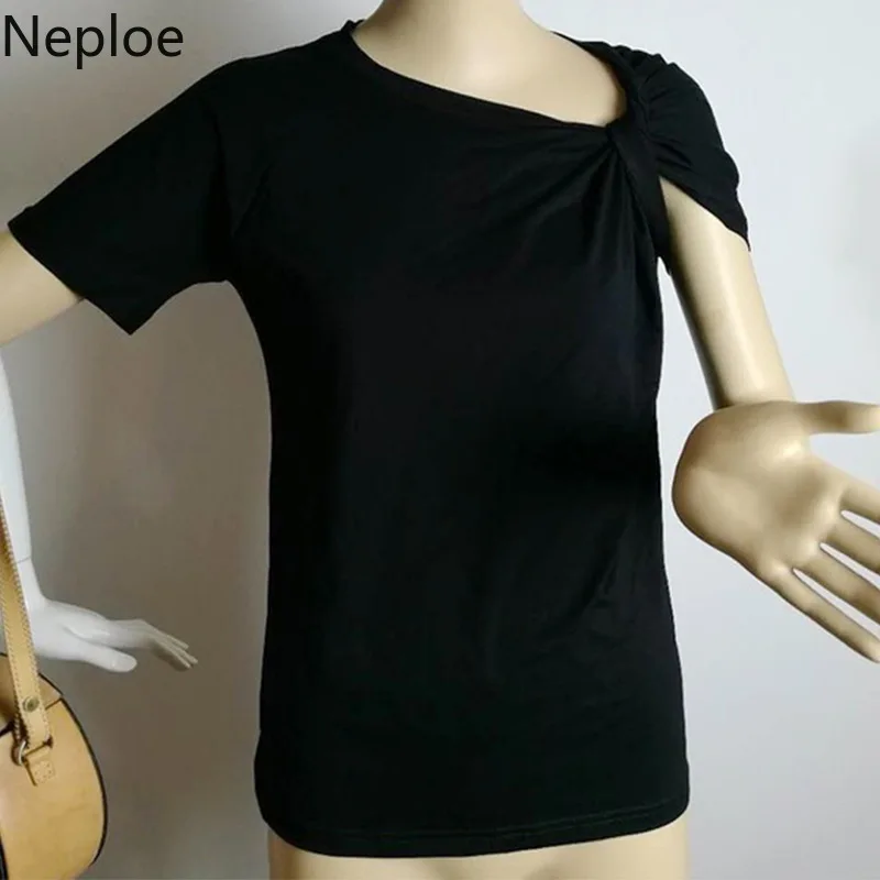 Neploe женские футболки с узелками Лето 2019 Новые однотонные круглым вырезом