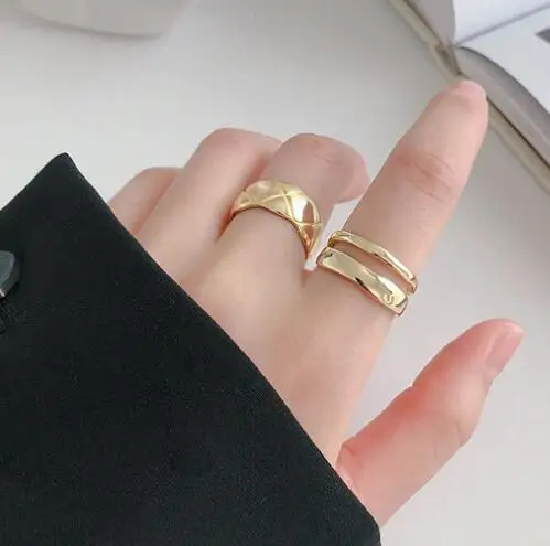 gold SHANICE, Настоящее серебро 925 пробы, Открытое кольцо, нормкор, INS, с неровной линией, Двухслойное кольцо, Femme, панк, кольцо, аксессуары, подарок - Цвет основного камня: gold
