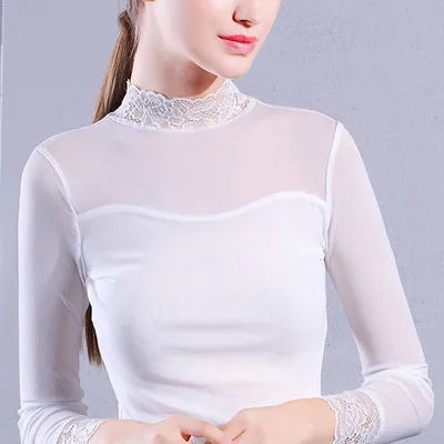 White Модные тренды, сетчатые Женские топы с длинным рукавом, горячие сексуальные прозрачные черные кружевные рубашки с высоким воротом, футболки в стиле панк-шик, XXXL - Цвет: White