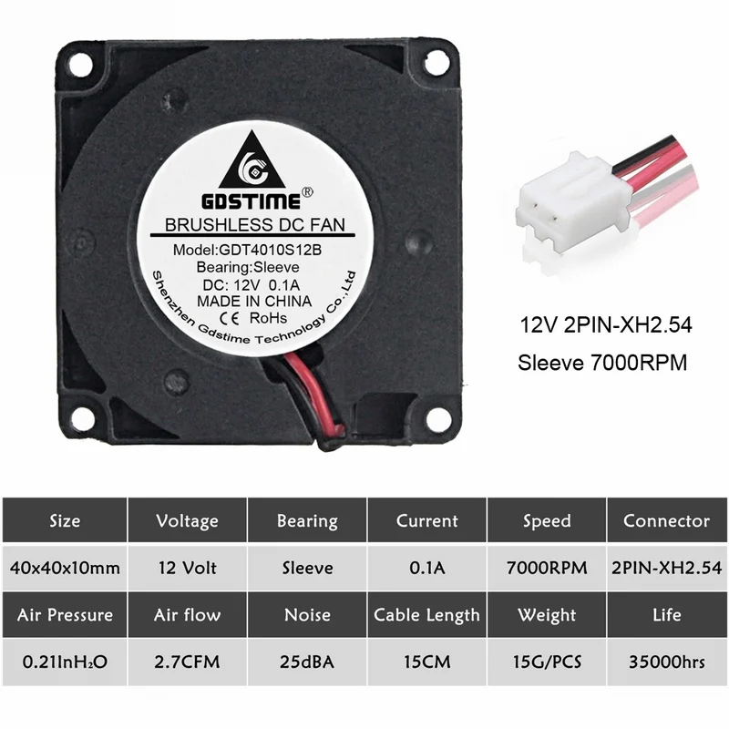 12V Sleeve 7000RPM 2 шт. Gdstime 40 мм 3d принтер вентилятор 12 в 24 в 5 В 4010 вентилятор для принтера охлаждающие аксессуары DC турбо вентилятор Радиальные Вентиляторы 40x40x10 мм - Цвет лезвия: 12V Sleeve 7000RPM