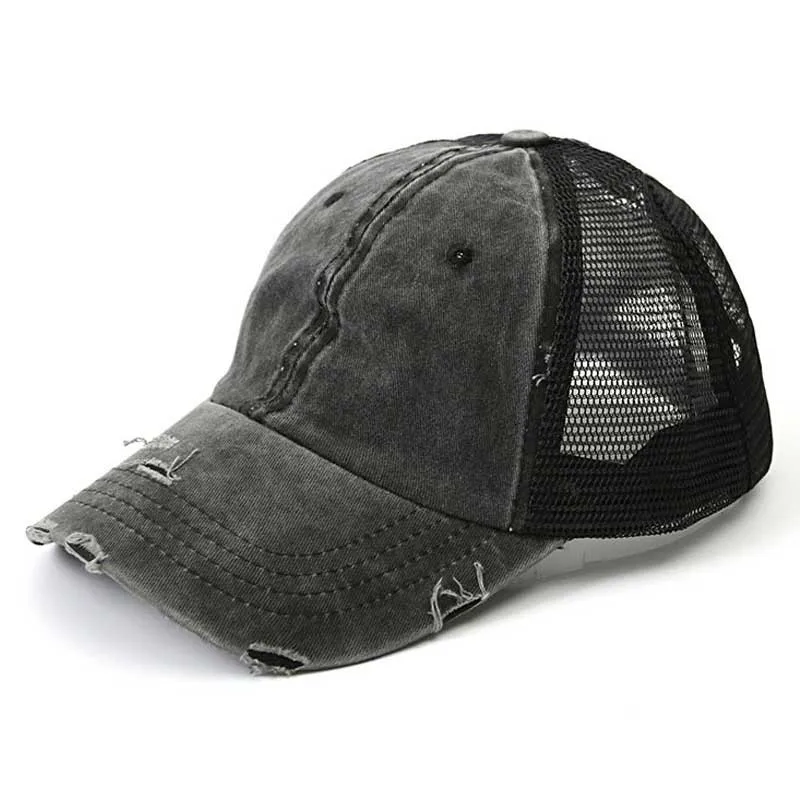 Black Distressed бейсбольная кепка грязная булочка шапка с отверстием для хвоста Женская сетчатая Кепка Дальнобойщика s промытая хлопковая регулируемая бейсболка хип-хоп кепка летняя кепка - Цвет: Black