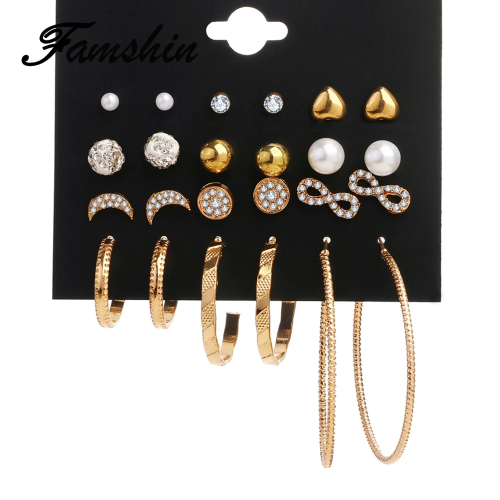 FAMSHIN модные Кристальные бесконечные серьги набор для женщин Bijoux имитация жемчуга