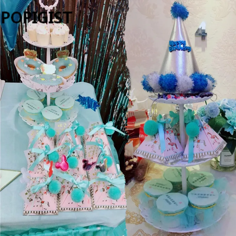 Треугольная крестины Baby Shower синий/розовый мультфильм лошадь конфеты коробки с лентой& Бирки& шары крещение вечерние Подарочная коробка 10 шт