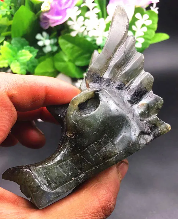 Natural labradorite Dragon Skull/Head crystal healing carving |