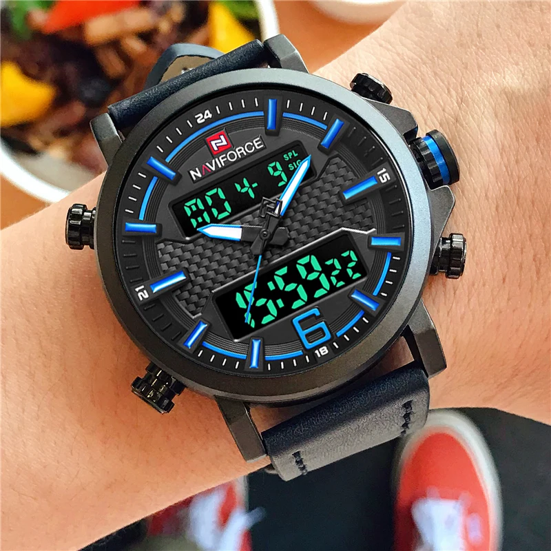 NAVIFORCE Лидирующий бренд Мужская Мода цифровой кварцевые наручные часы Открытый Военные Спортивные часы Водонепроницаемый часы Relogio Masculino