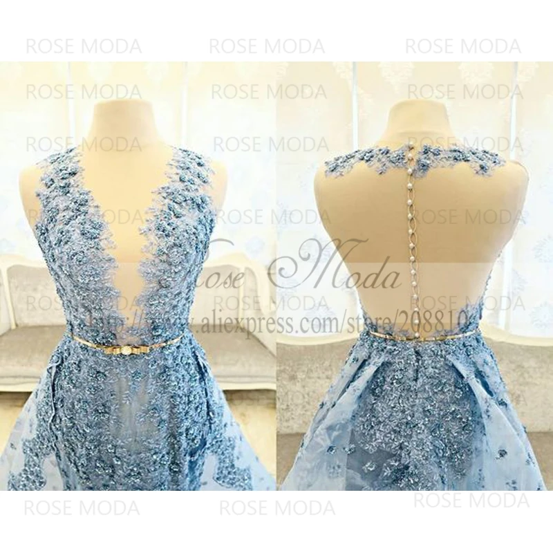 

Rose Moda Blue Lace Mermaid Evening Dress See Through Skirt Gold Sash Party Dress Custom Made