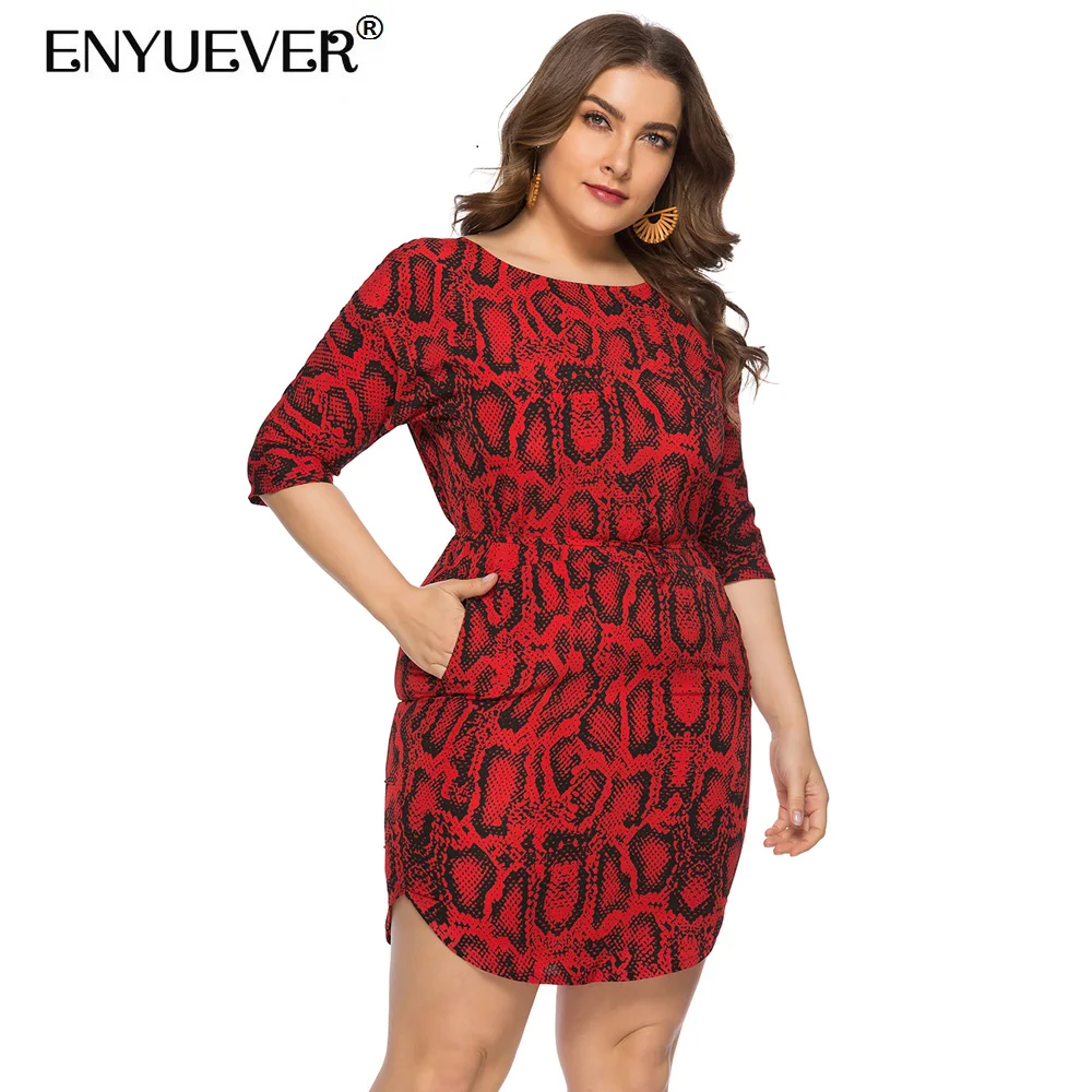 Enyuever Plus Size Snake Print Dress Women Summer 2019 Half Sleeve Vestido Casual Sexy Party Mini With Pockets Streetwear | Женская