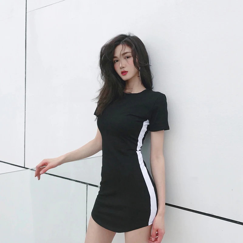 

Women Side Tube Slim Dress O-Neck Sexy Sheath Dress Fashion Short Sleeve Above Knee Mini Dress