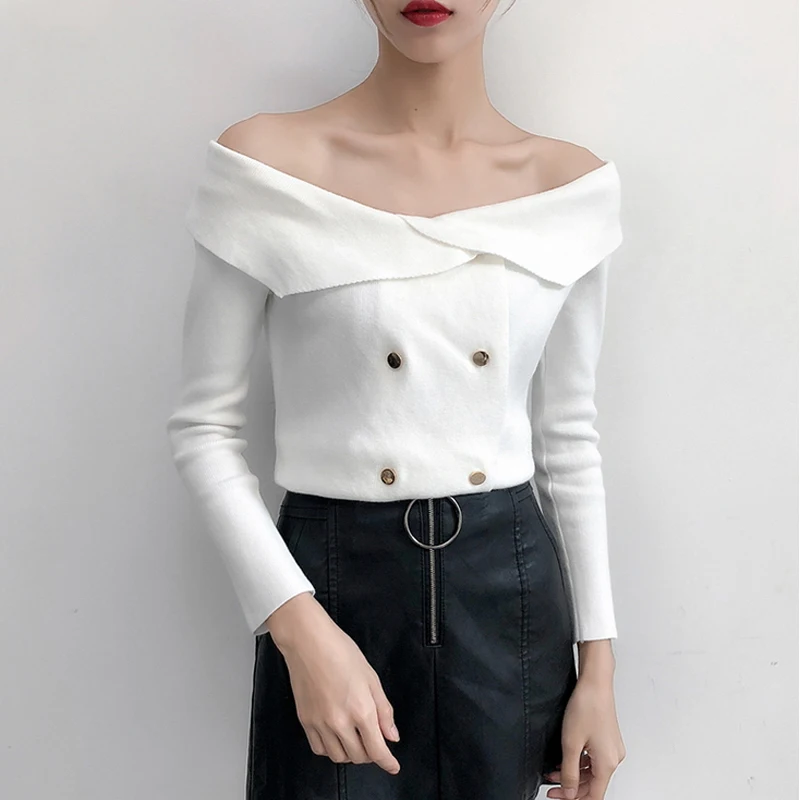 Осень-зима новое слово воротник Off-the-shoulder пикантные свитер женский сладкий