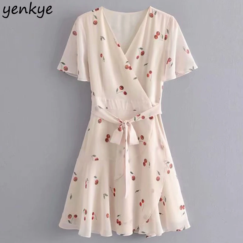 Женское шифоновое платье с запахом элегантное трапеция принтом вишни V образным