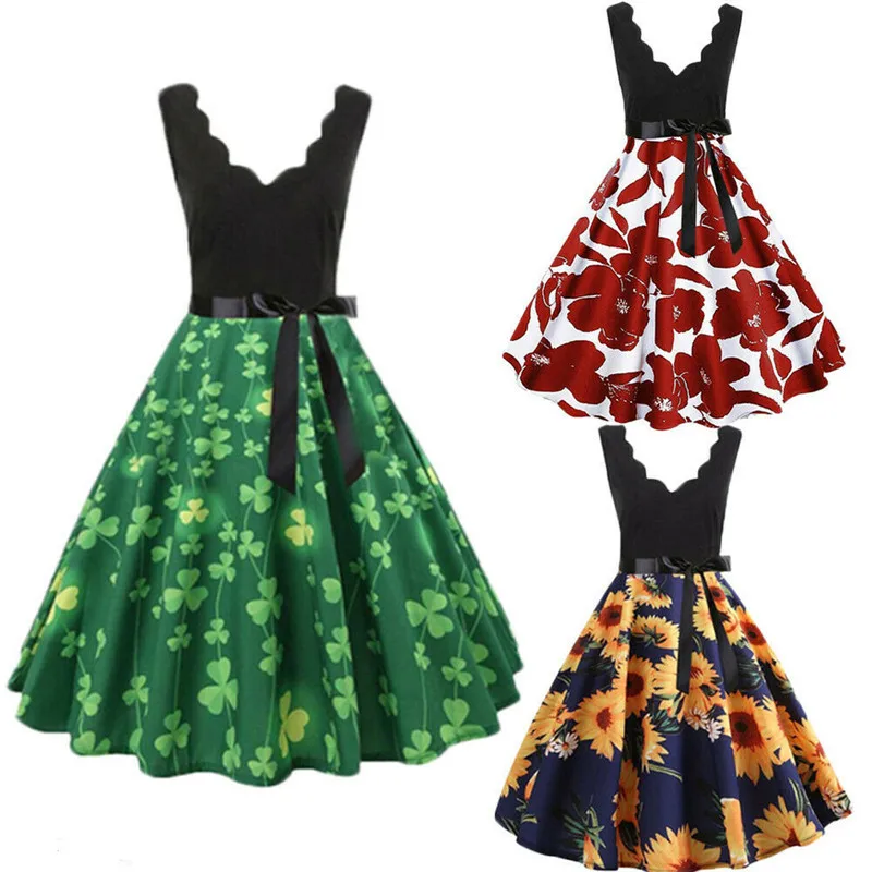 Strand Urlaub Kleider сексуальный Tiefem V-ausschnitt Mini Kleid ARMEL цветочный Bedruckte Falten Skater A-Line Sommerkleid