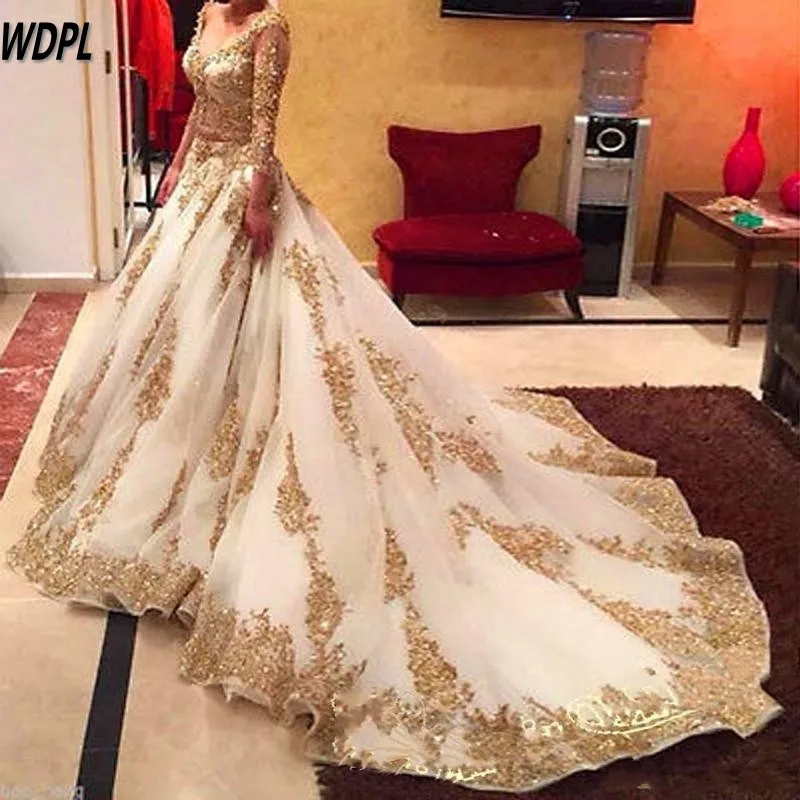 Роскошные золотые свадебные платья с v образным вырезом Sheer Shining свадебное платье